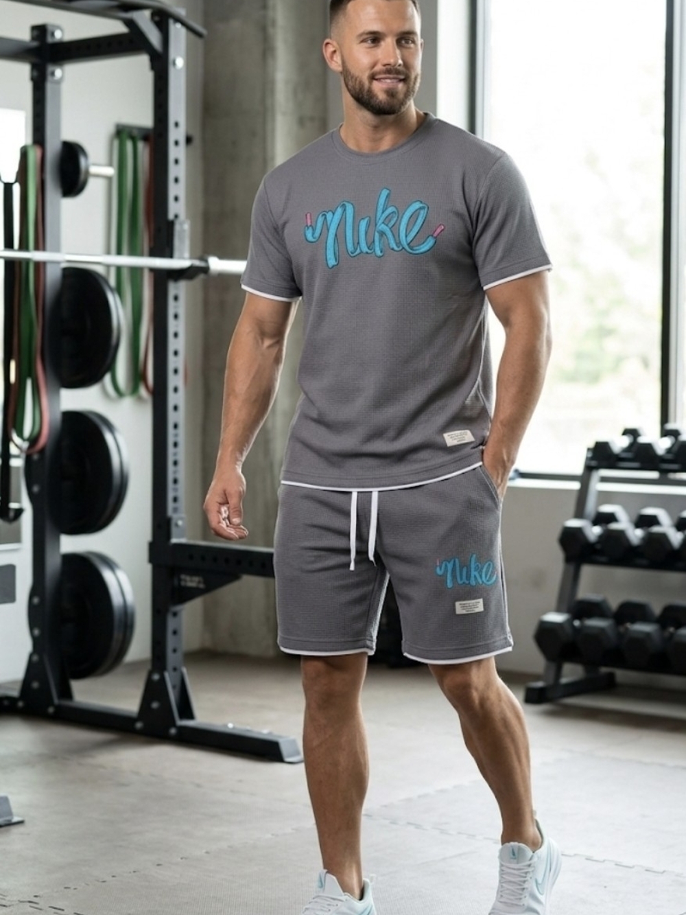 Men's Gray Athletic Shorts with Blue Script Logo